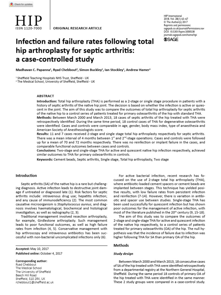 Papanna Et Al 2017 Infection and Failure Rates Following Total Hip