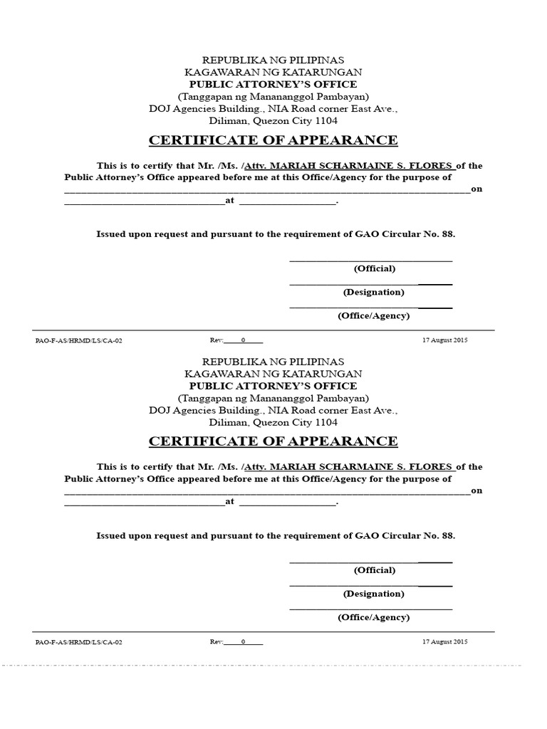 Certificate of Appearance: Public Attorney'S Office | PDF