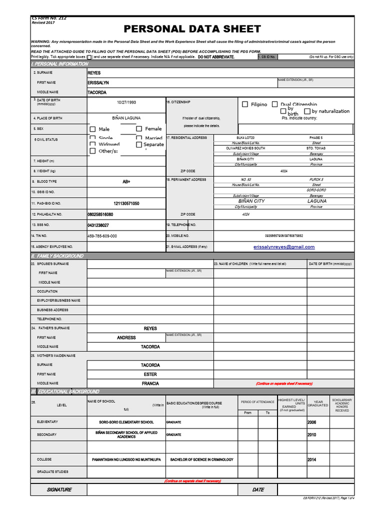 CS Form No. 212 Personal Data Sheet Revised PDF Government Justice