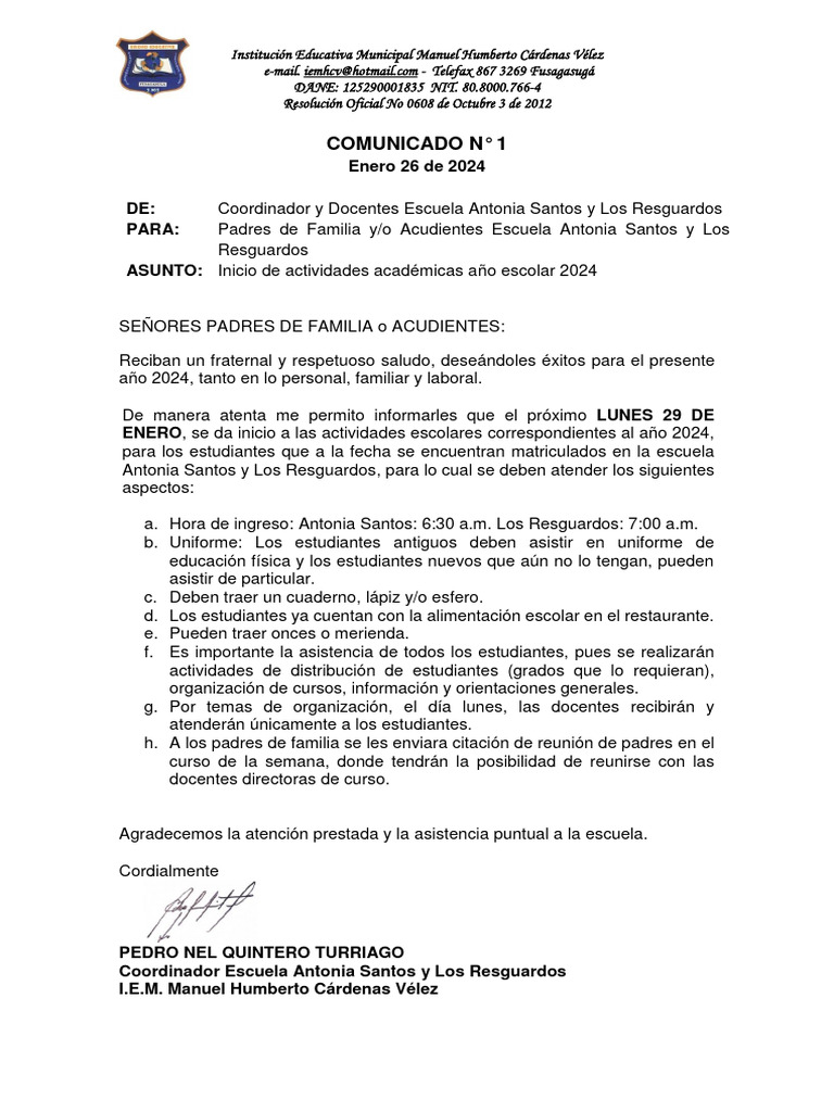 Comunicado 01 inicio de actividades escolares 2024 pdf