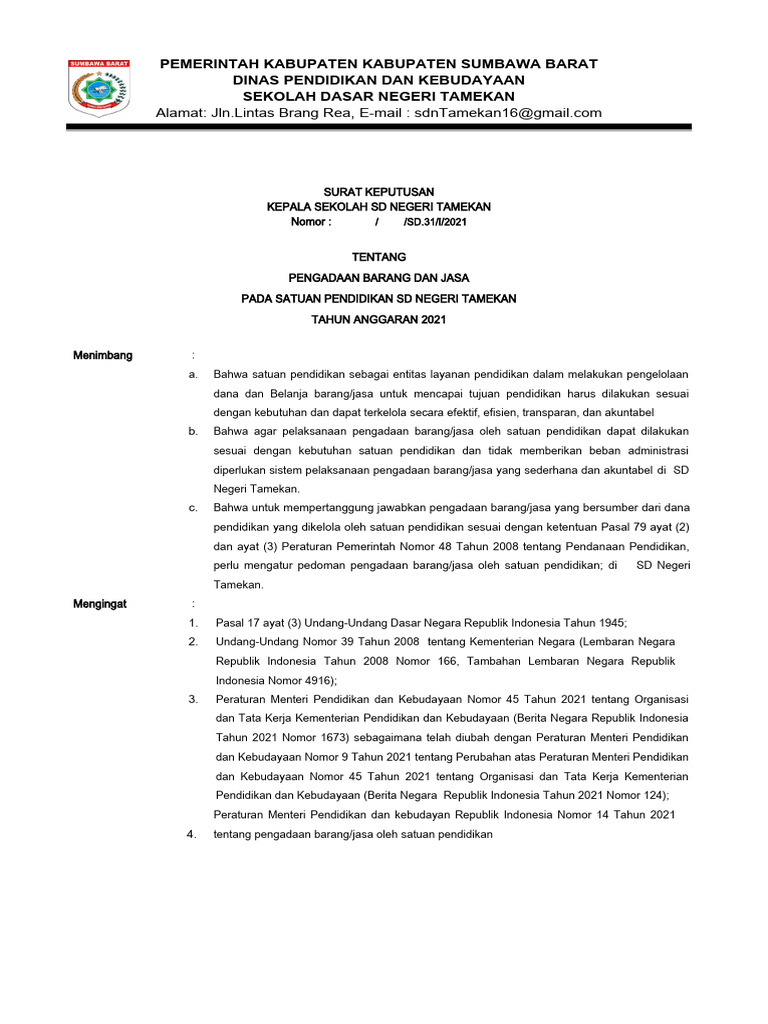 Pengadaan Barang Dan Jasa Sd Tamekan 2021 Pdf