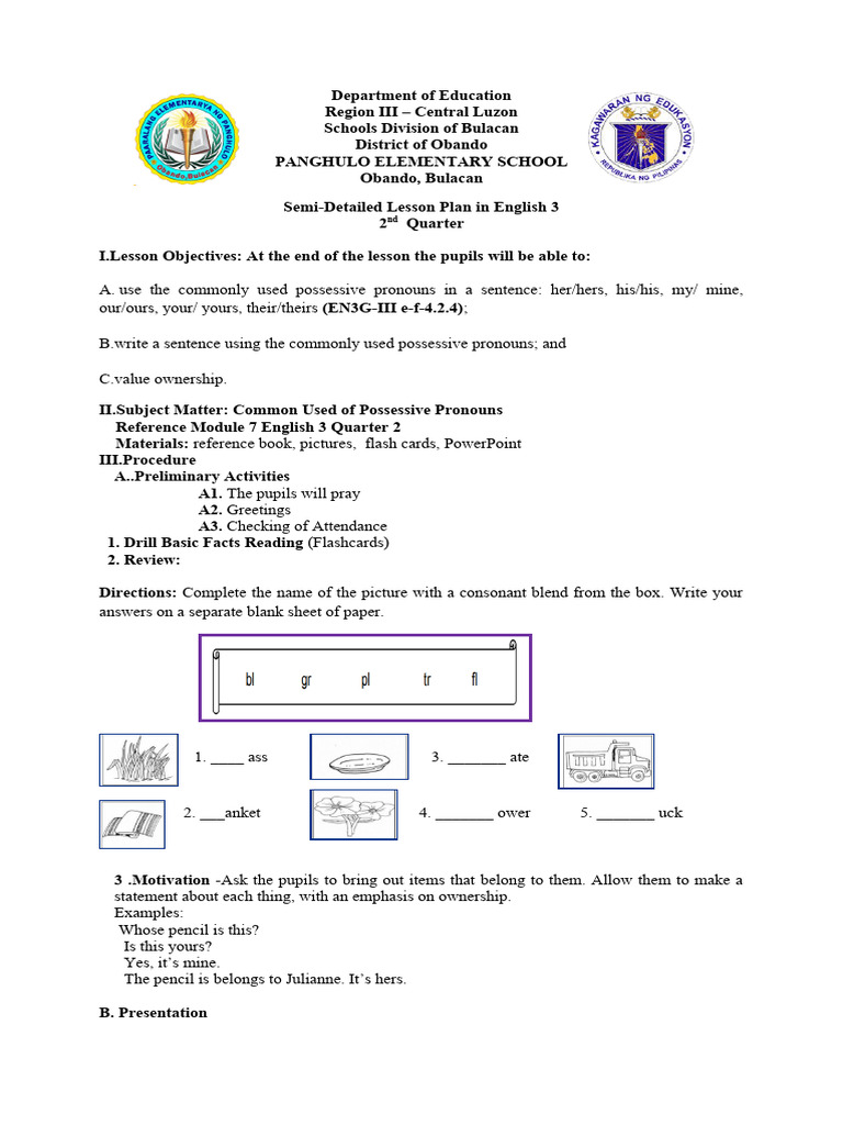 2024 English 2nd CO Lesson Plan Grade 3 | PDF | Pronoun | Linguistics