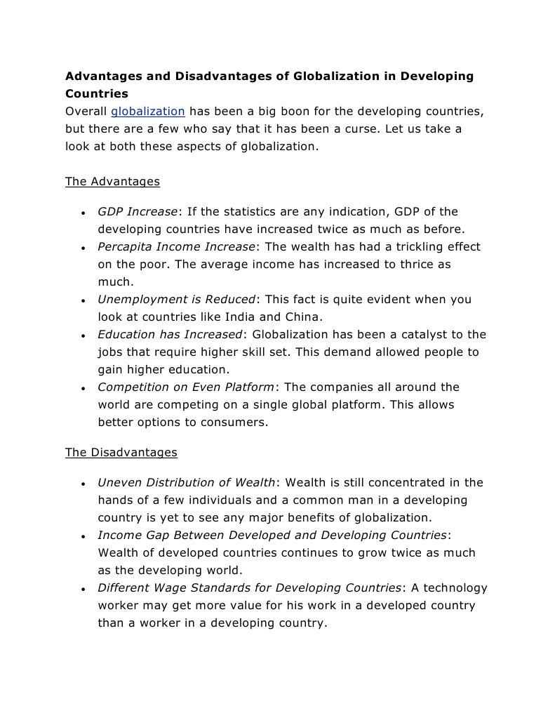 Advantages and Disadvantages of Globalization in Developing Countries | PDF