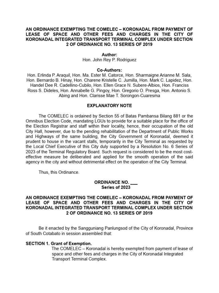 An Ordinance Exempting The Comelec | PDF | Governance | Political Law