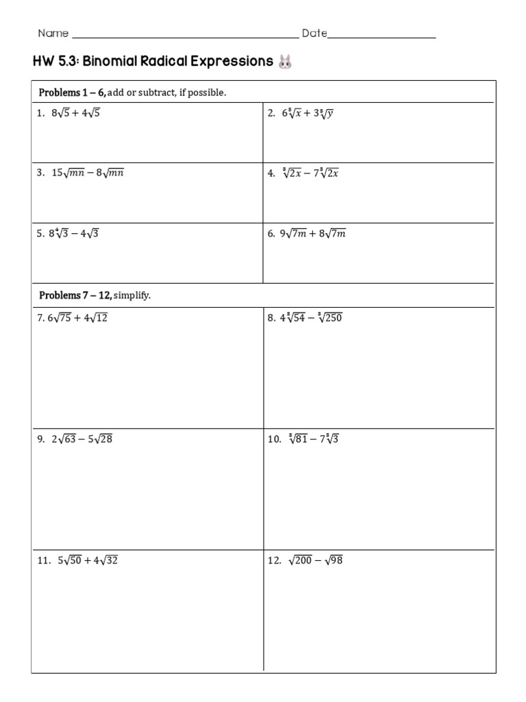 Binomial radical expression hw 5 3 blank pdf arithmetic