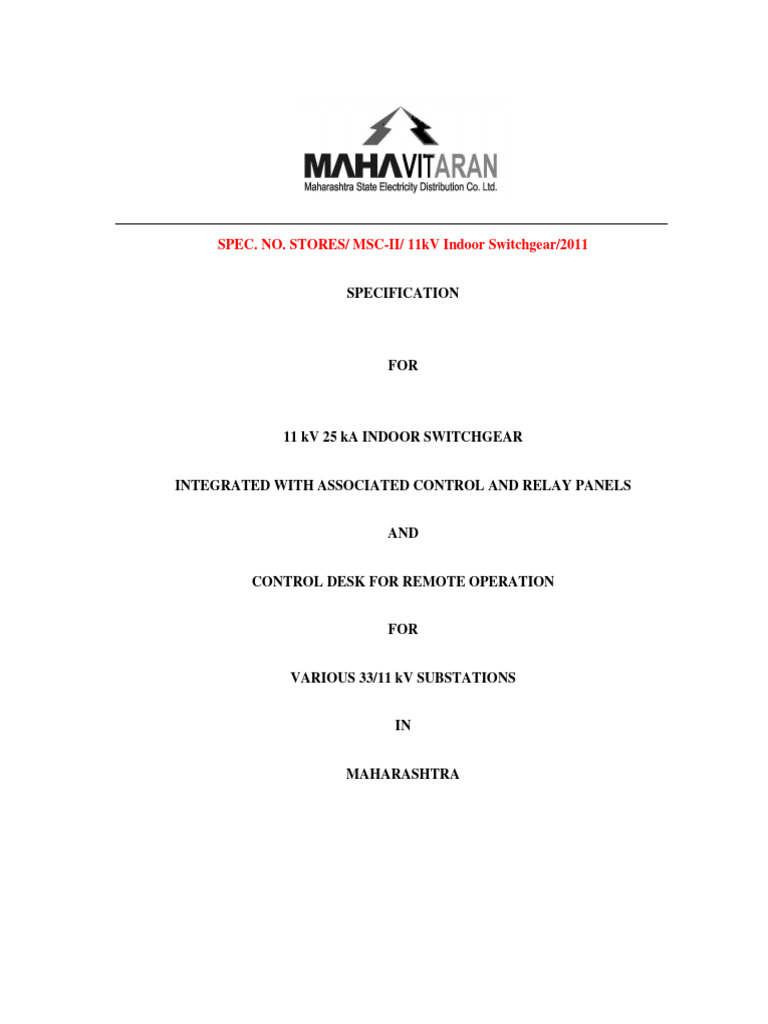 11 kV Indoor Switchgear Specification | PDF | Electrical Wiring | Fuse ...