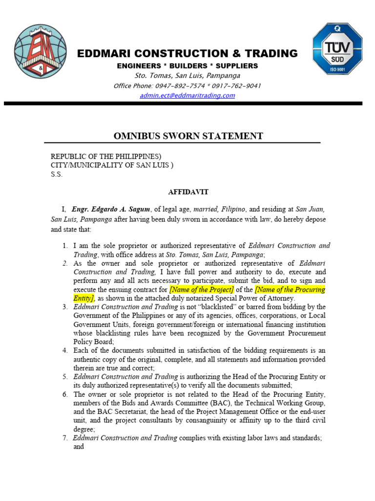 Omnibus Sworn Statement Template PDF
