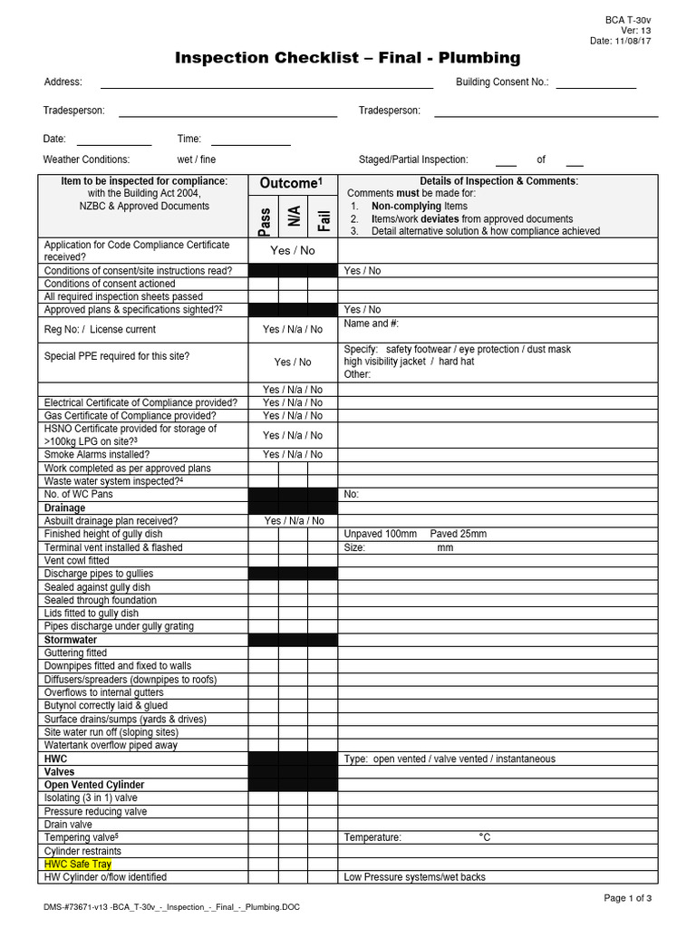 Residential Final Plumbing Inspection Checklist | PDF | Water Heating ...