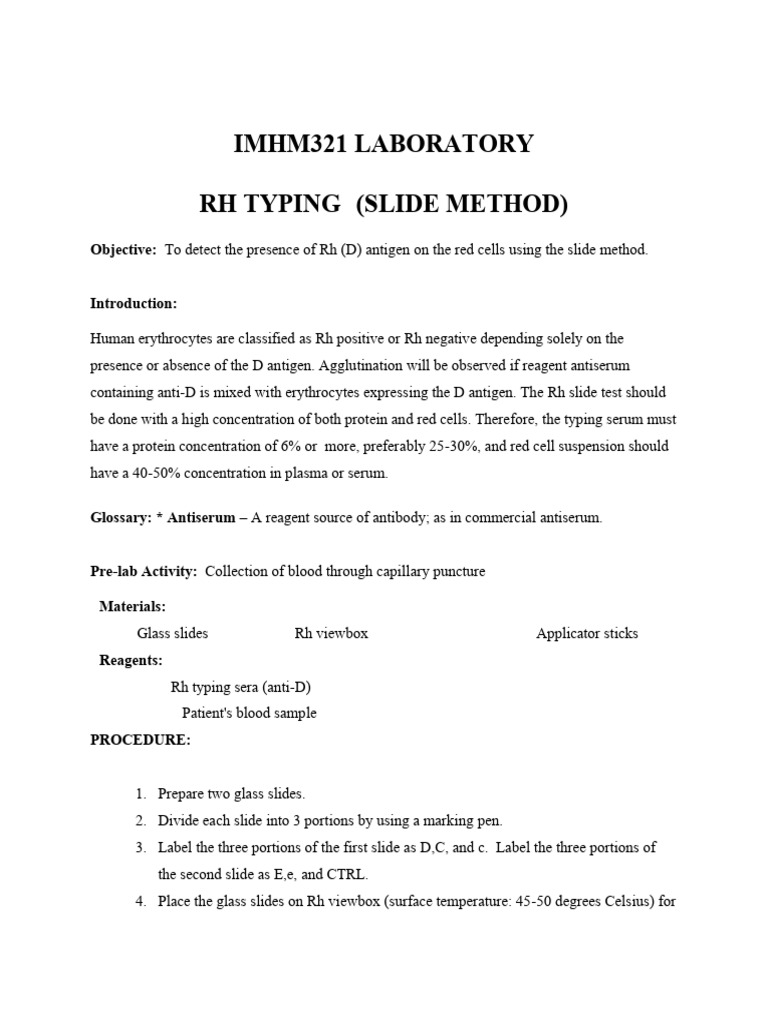 Imhm321 Laboratory RH Typing With Test For Weak D | PDF | Blood Type ...