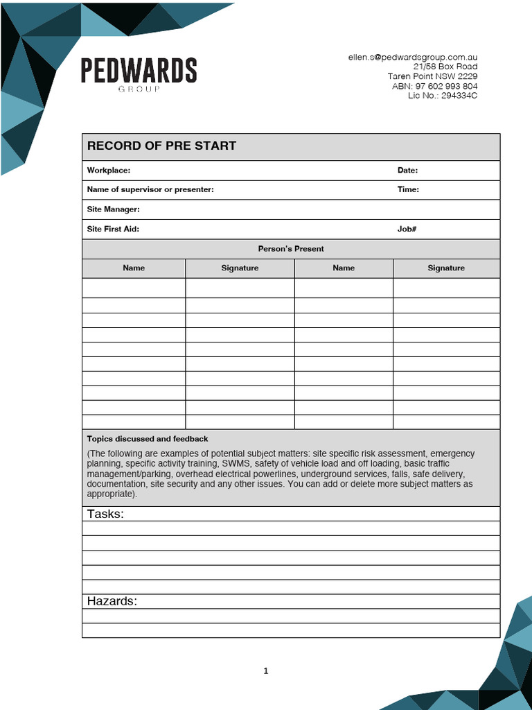 Pre-Start Safety Checklist Template | PDF