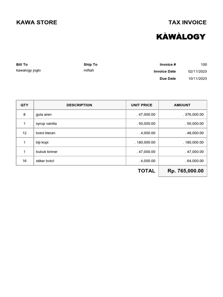 Kawa Store Tax Invoice Details | PDF