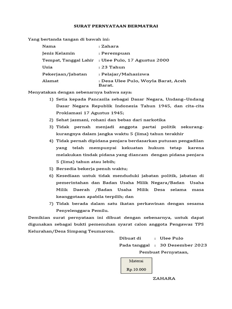 Surat Pernyataan Bermatrai | PDF