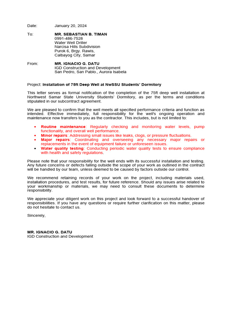 Deep Well Installation Handover Agreement | PDF