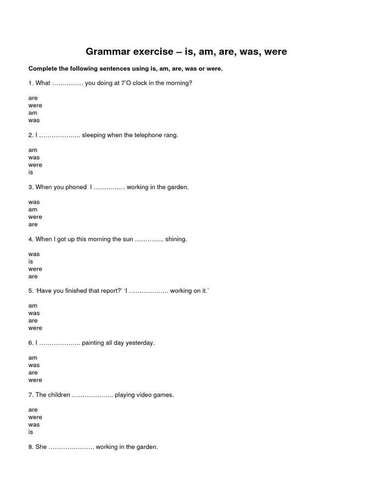 Is, Am, Are, Was, Were Exercises | PDF | Teaching Methods & Materials ...