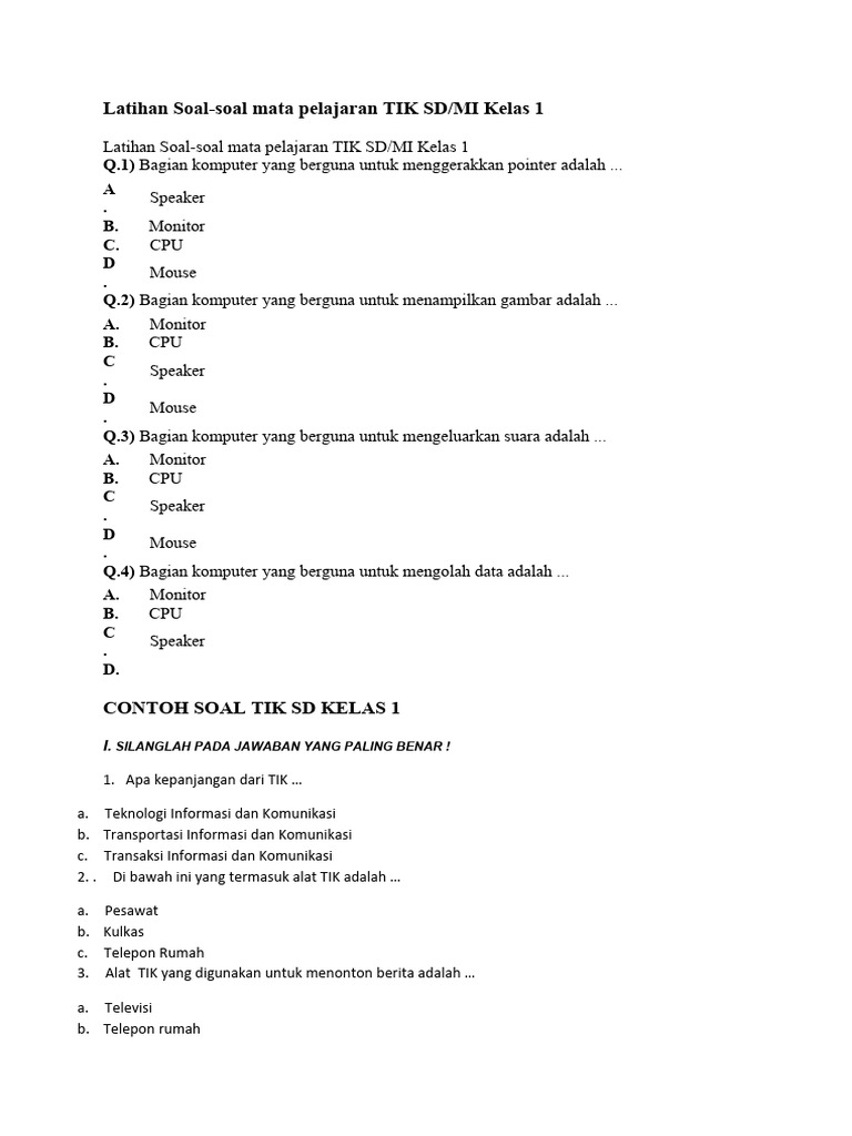 Latihan Soal Soal Mata Pelajaran TIK SD | PDF