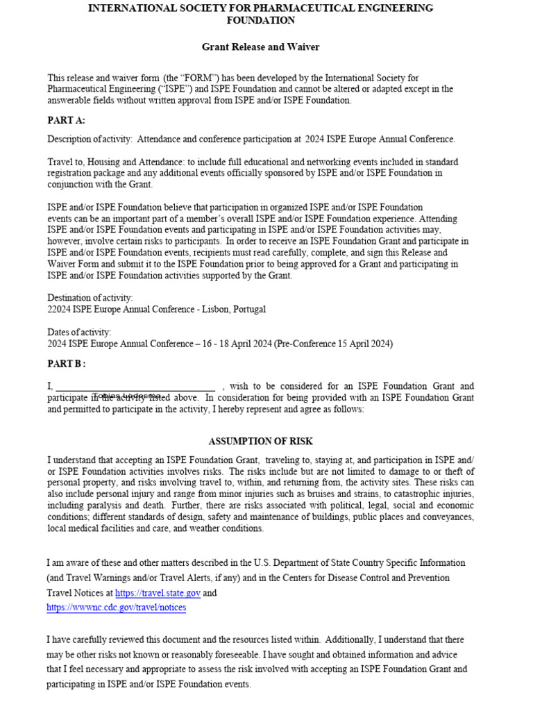 ISPE Grant Release Form 2024 ISPE Europe Annual Conference PDF