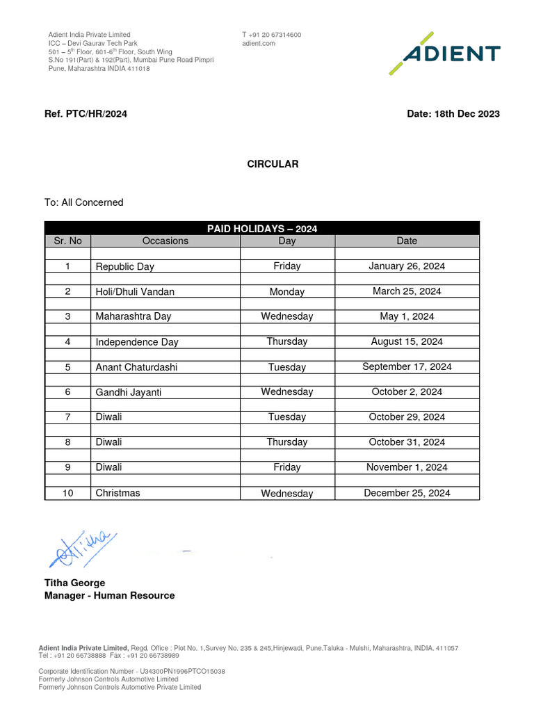 Paid Holidays For 2024 For PTC Location PDF