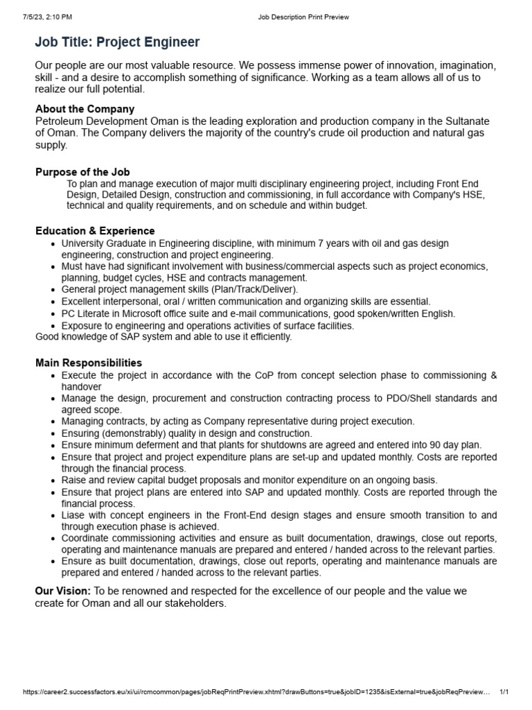 Job Description Print Preview PDF Business