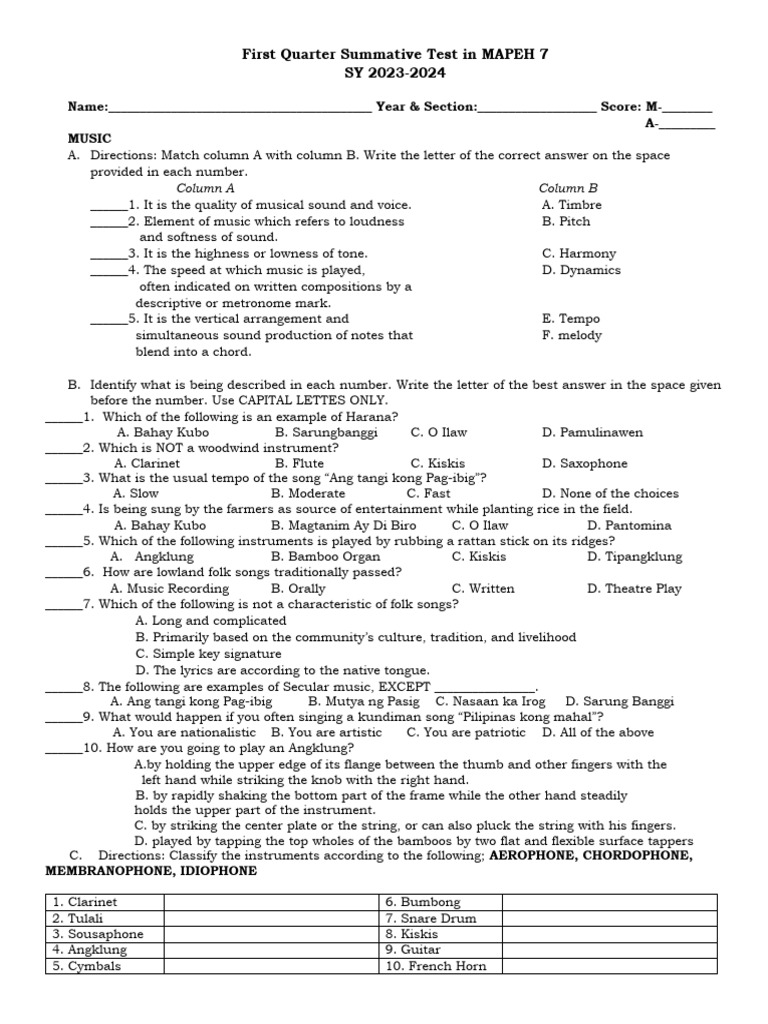 Summative Test Music and Arts | PDF | String Instruments | Performing Arts