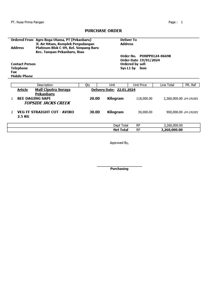 Purchase Order for PT Nusa Prima Pangan | PDF