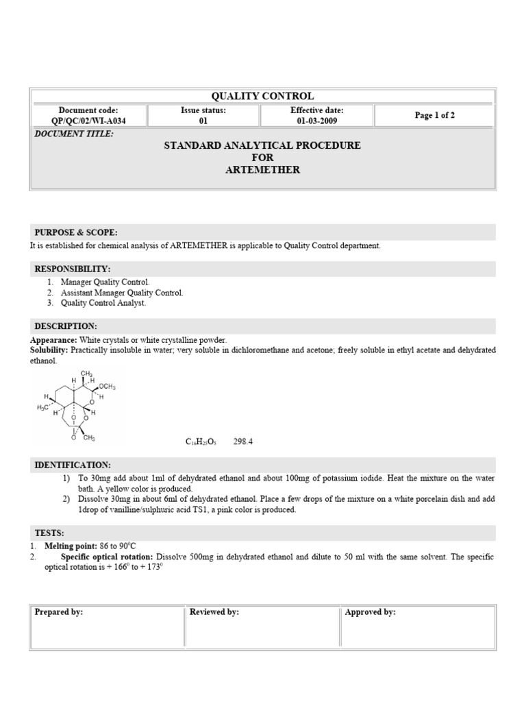 Artemether Quality Control Procedure | PDF | Solubility | Solvent