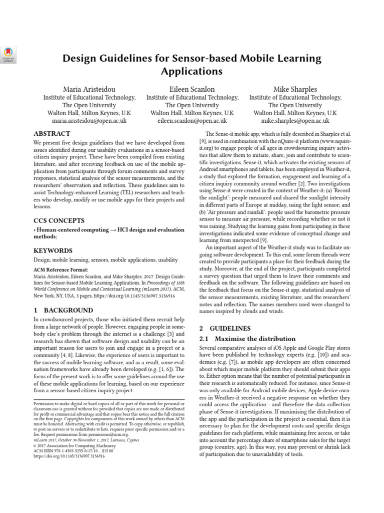 Design guidelines for sensor based mobile learning applications