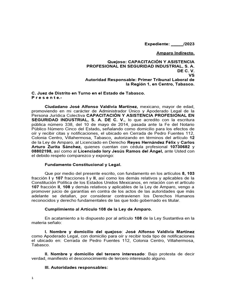 Demanda de Amparo por Emplazamiento Ilegal | PDF | Caso de ley ...