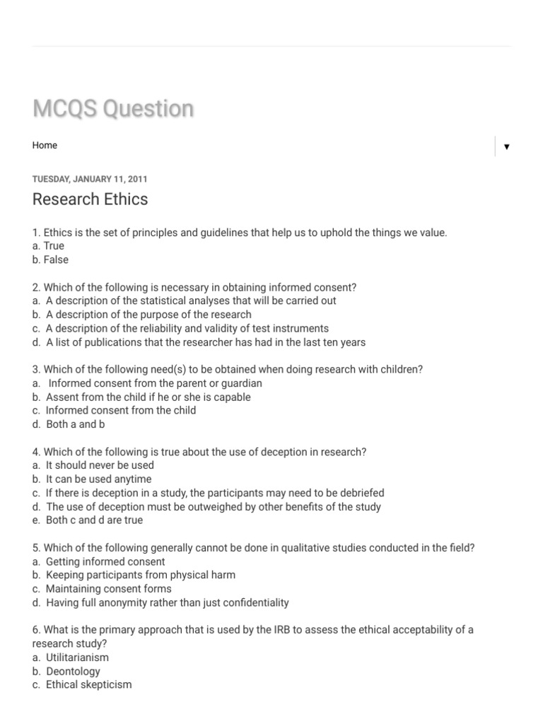 MCQS Question - Research Ethics | PDF | Cancer | Informed Consent