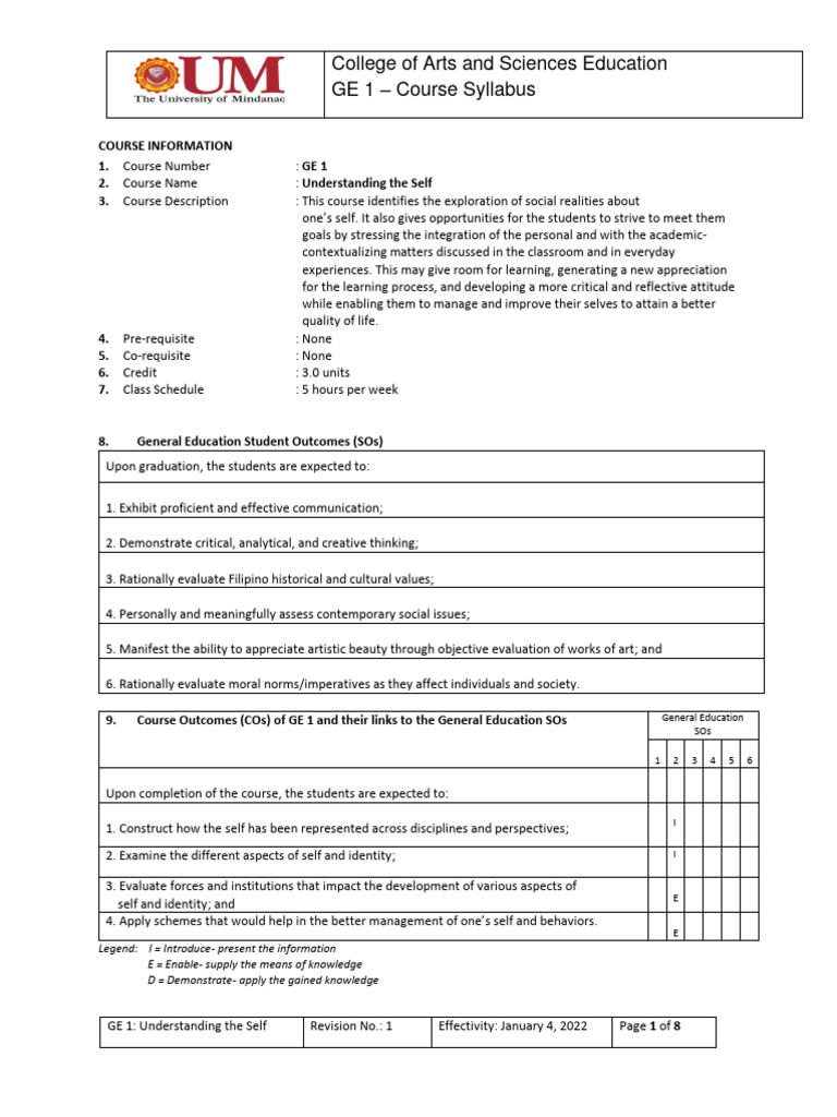 GE 1: Understanding the Self Syllabus | PDF | Self Concept | Self