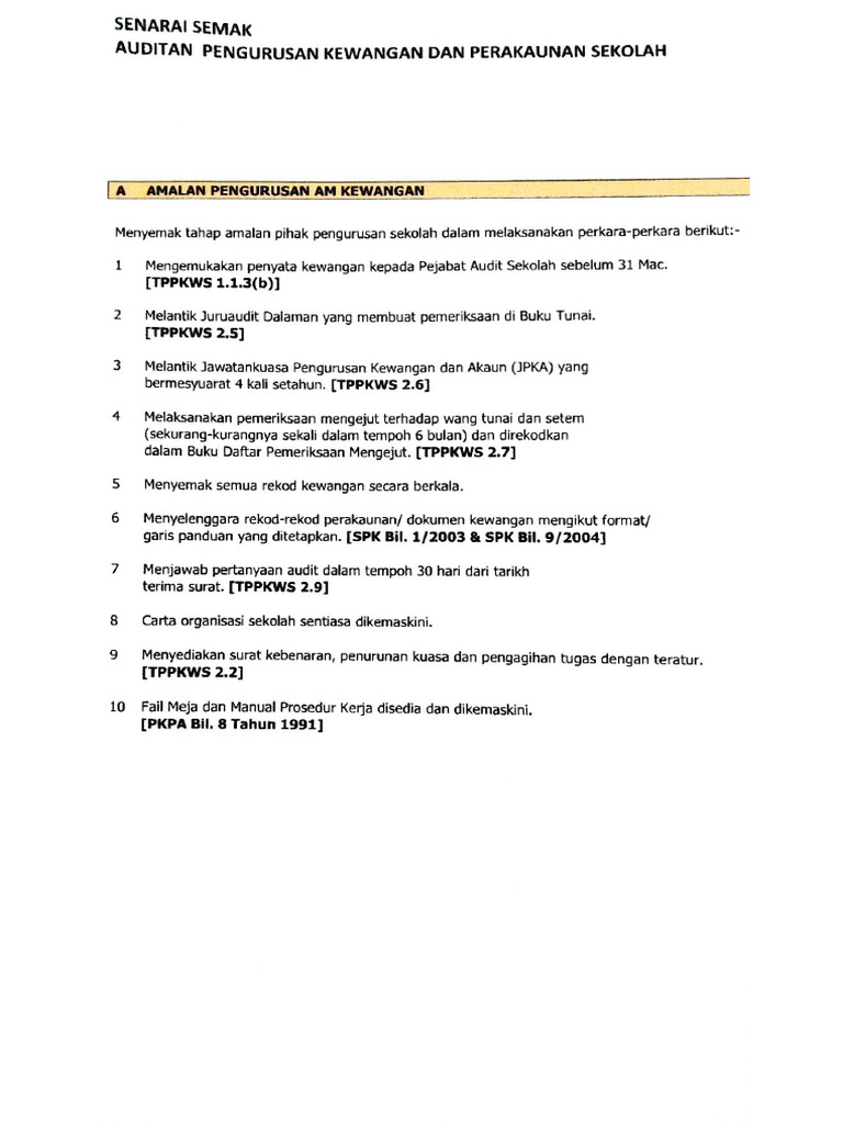 Senarai Semak Auditan Pengurusan Kewangan Dan Perakaunan Sekolah | PDF