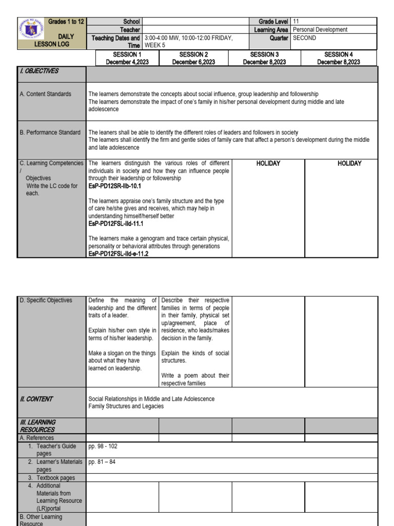 Grade 11 Personal Development Lesson Plan | PDF