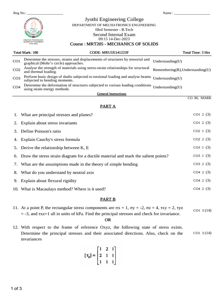 Mechatronics Mechanics of Solids Exam Guide | PDF | Stress (Mechanics ...