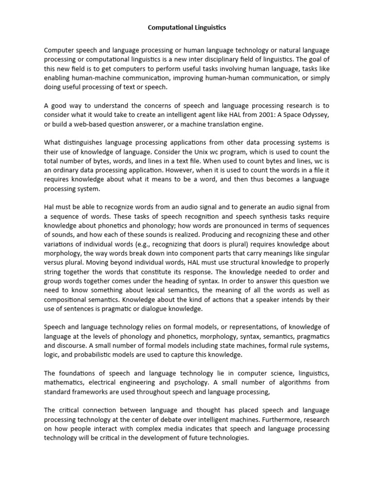 Computational Linguistics | PDF | Speech | Linguistics