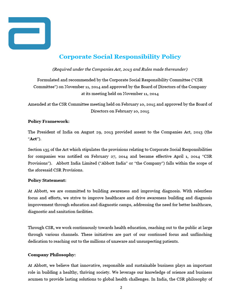 Abbott CSR Policy Overview | PDF | Corporate Social Responsibility ...