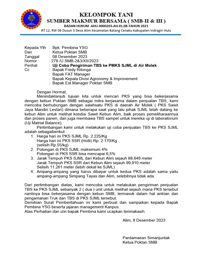Uji Coba Penjualan TBS ke SJML | PDF | Sains & Matematika