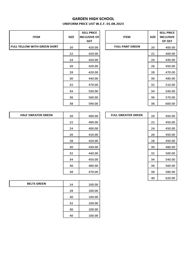GHS Winter Uniform Price List 202324 PDF Clothing Uniforms