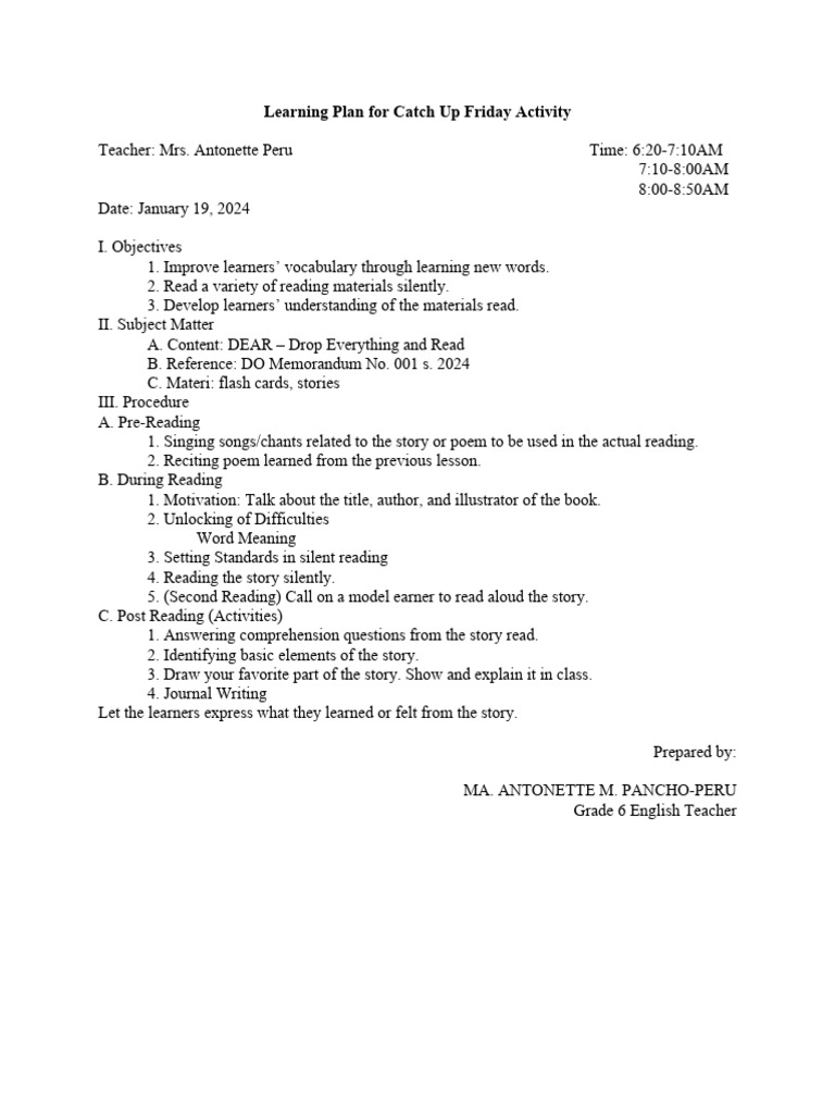 Catch Up Friday Learning Plan | PDF | Language Arts & Discipline ...