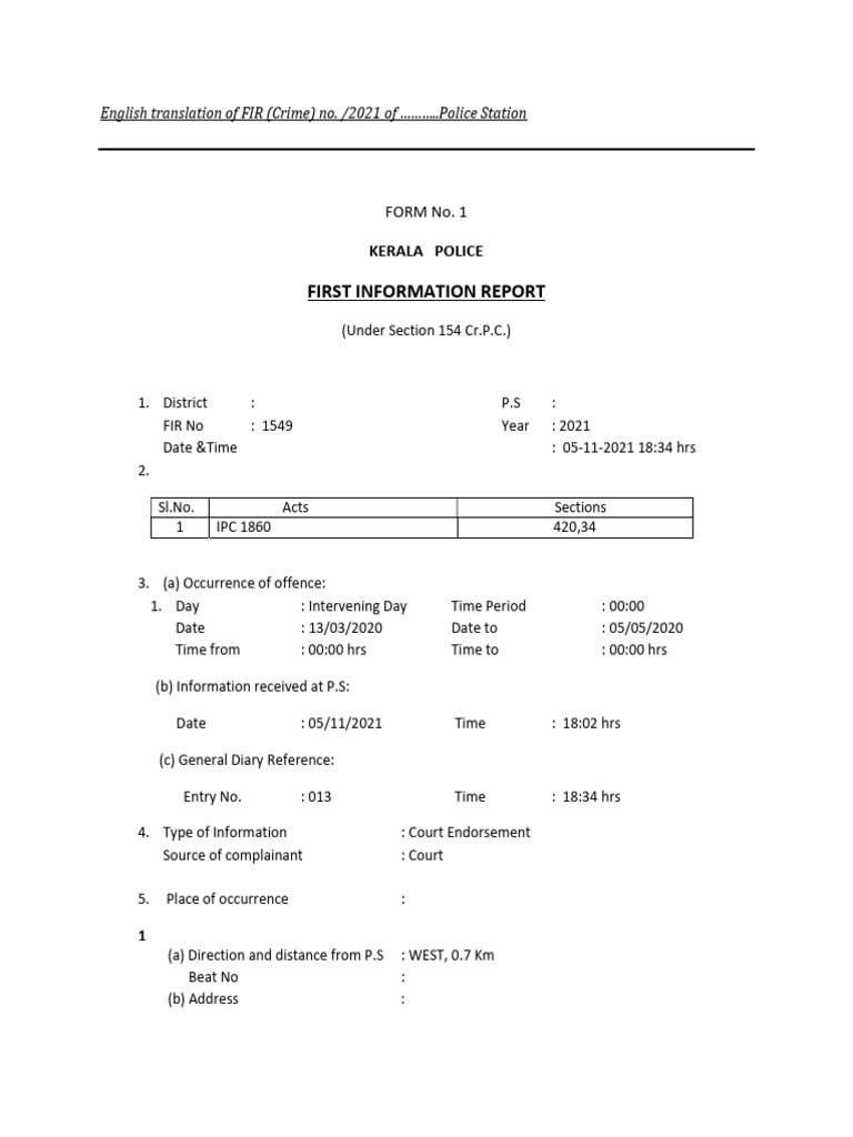 English FIR Format and Sample | PDF | Public Law | Legal Action