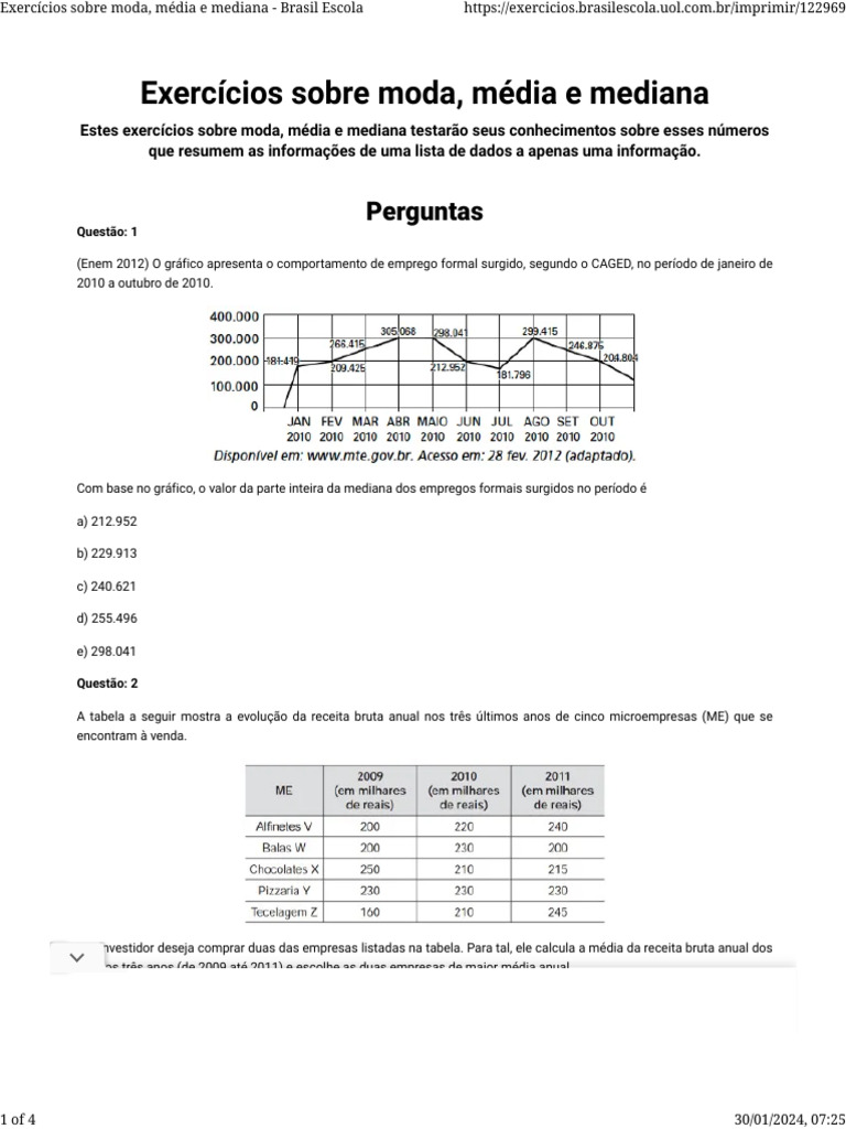 Media Moda e Mediana Questões | Download grátis PDF | Mediana (Estatística)
