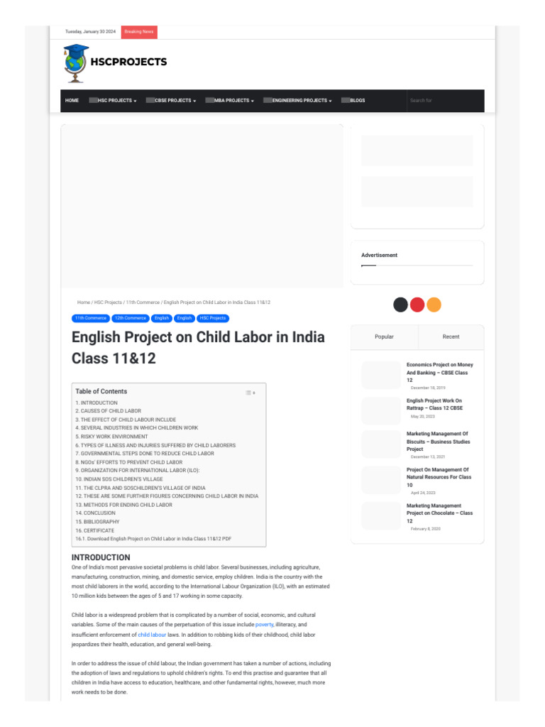 English Project On Child Labor in India Class 11&12 | PDF | Child ...