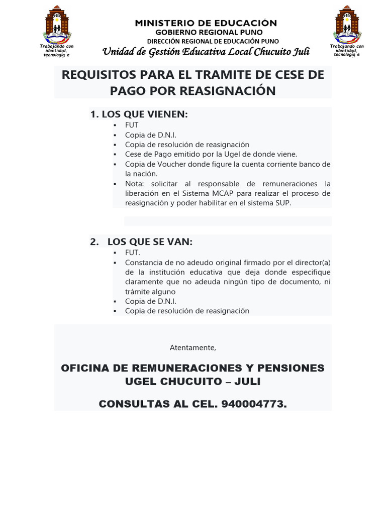 Requisitos para Cese de Pago por Reasignación | PDF