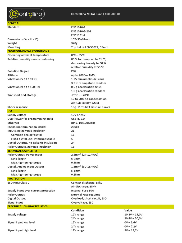 Controllino MEGA Pure Specifications | PDF | Relay | Fuse (Electrical)