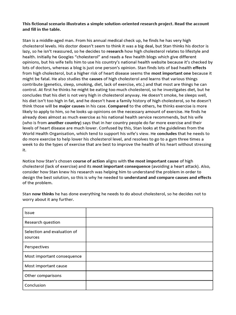 Stan's Cholesterol A SolutionOriented Research Scenario Worksheet