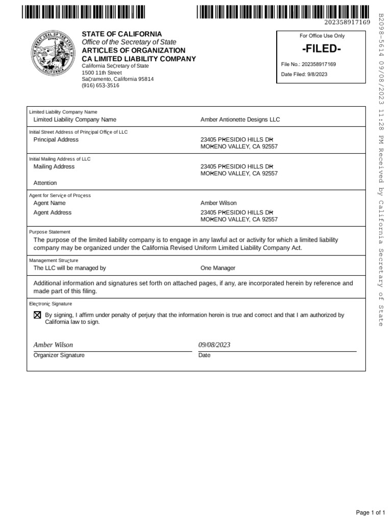 Filed : State of California Articles of Organization Ca Limited Filed : State of California Articles of Organization Ca Limited
