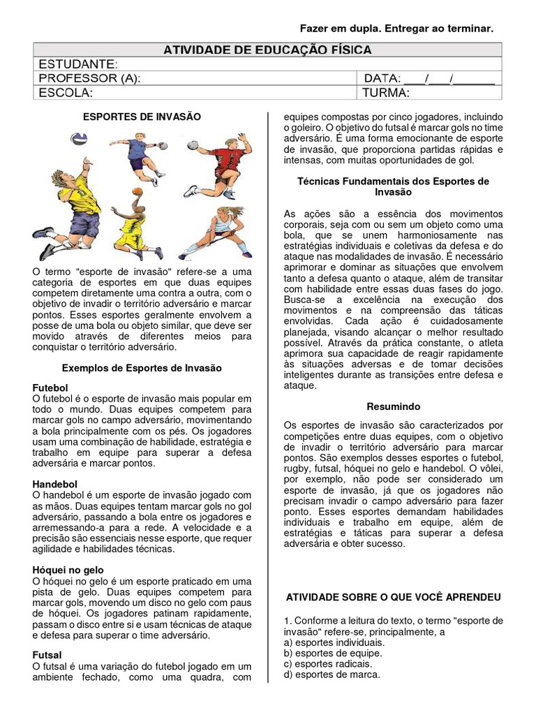 Atividade 7 Ano - Esporte de Invasao | PDF | Invasão | Futebol