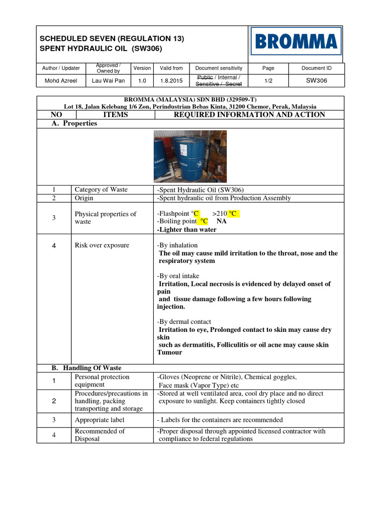 SW306 Guidelines for Spent Hydraulic Oil | PDF | Water | Occupational ...
