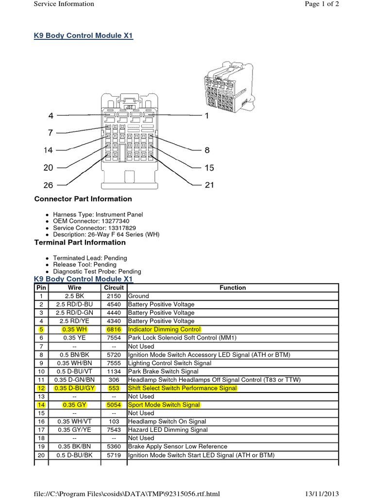 K9 Body Control Module Pinout Details | PDF | Switch | Headlamp