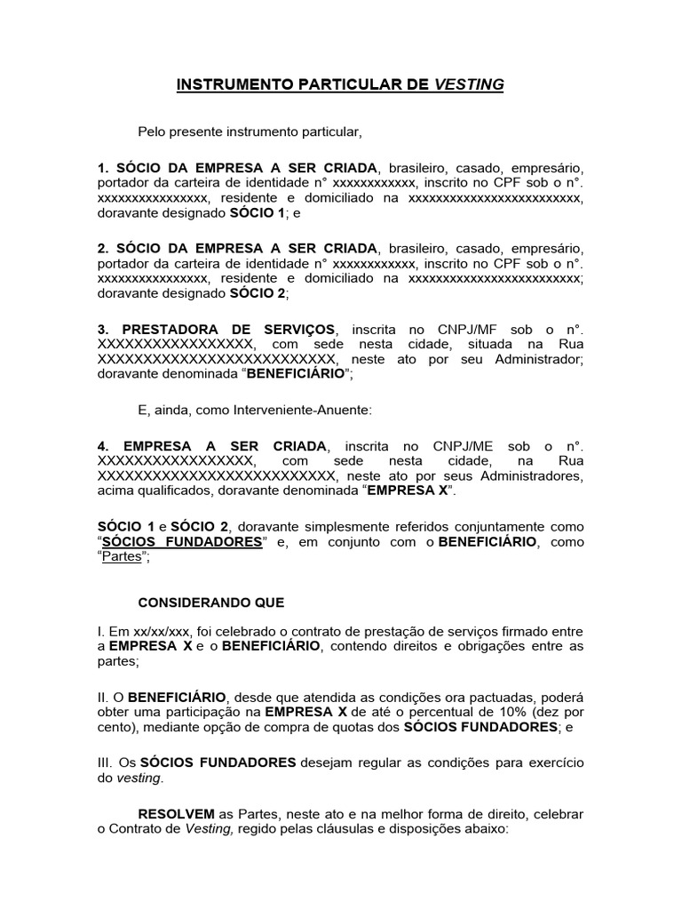 Contrato Vesting | Download grátis PDF | Confidencialidade | Business