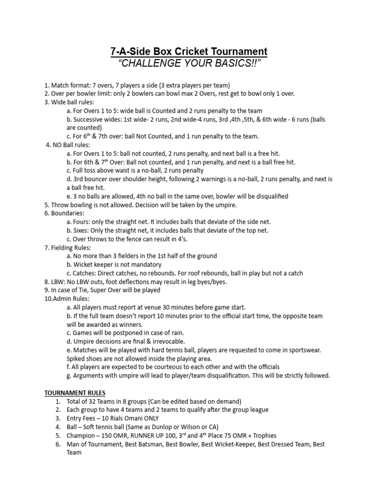 7-A-Side Box Cricket Tournament Rules | PDF | Games Of Physical Skill ...