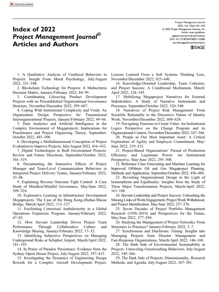 2022 Index of 2022 Project Management Journal R Articles and Authors ...
